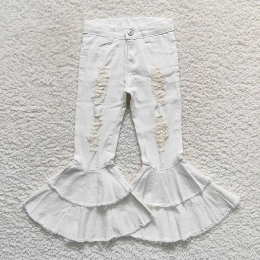 Baby Girls White Double Ruffle Distressed Denim Bell Pants