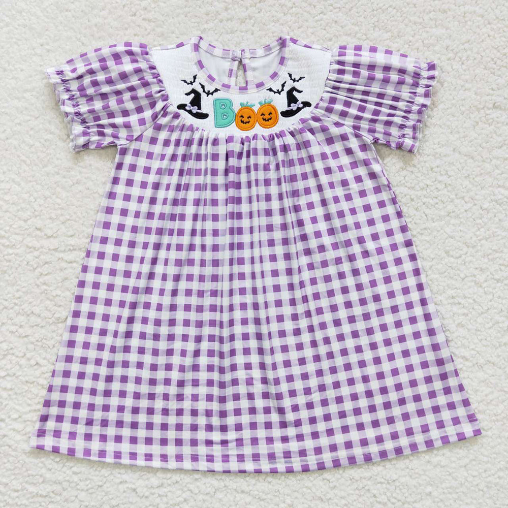 Baby Girls Purple Checkered Boo Halloween Smocked Dresses