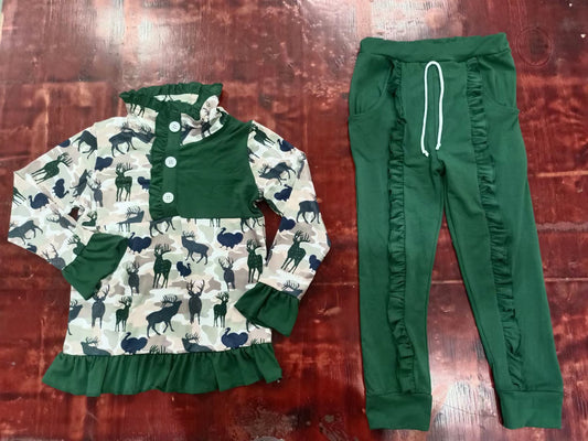 Baby Girls Green Hunting Deer Pullovers Shirts Top Ruffle Pants Clothes Sets preorder(moq 5)