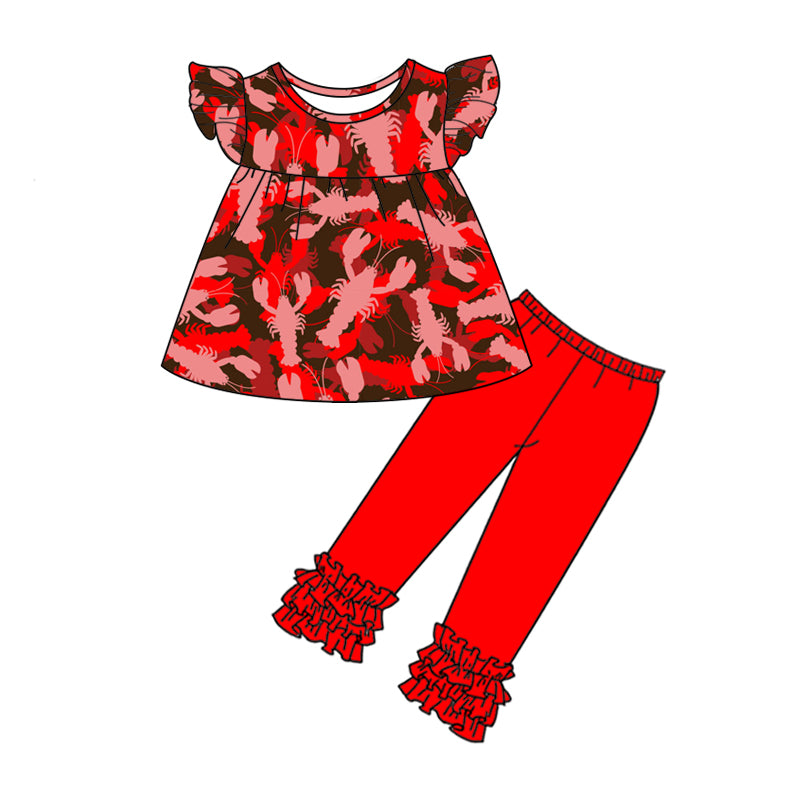 Baby Girls Crawfish Pink Red Tunic Pants Clothes Sets preorder(moq 5)