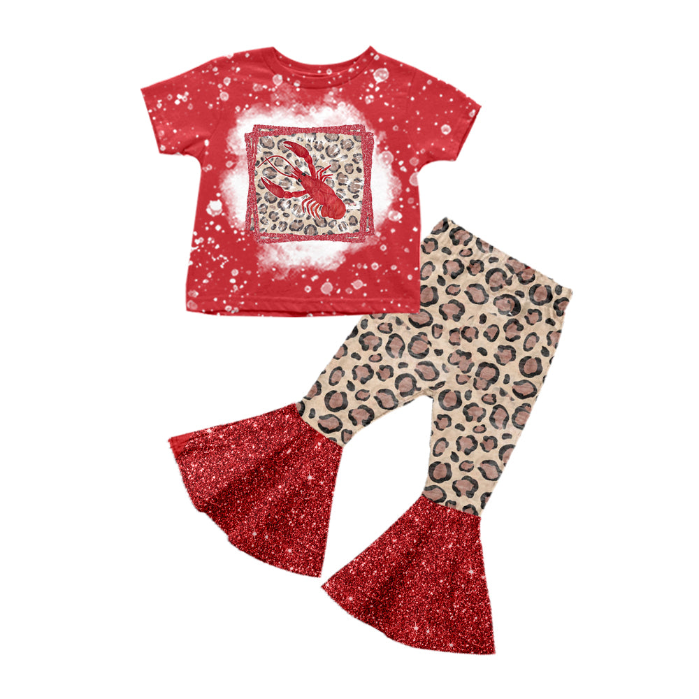 Baby Girls Red Crawfish Shirts Top Leopard Bell Pants Clothes Sets preorder(moq 5)