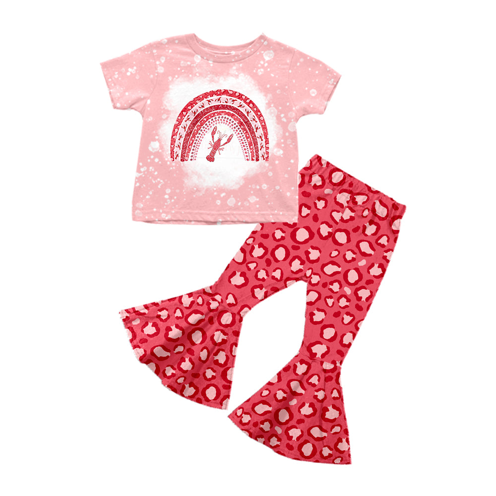 Baby Girls Pink Rainbow Crawfish Shirts Top Leopard Bell Pants Clothes Sets preorder(moq 5)