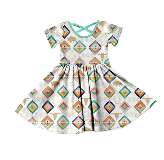 Baby Girls Western Aztec Cow Knee Length Dresses preorder(moq 5)