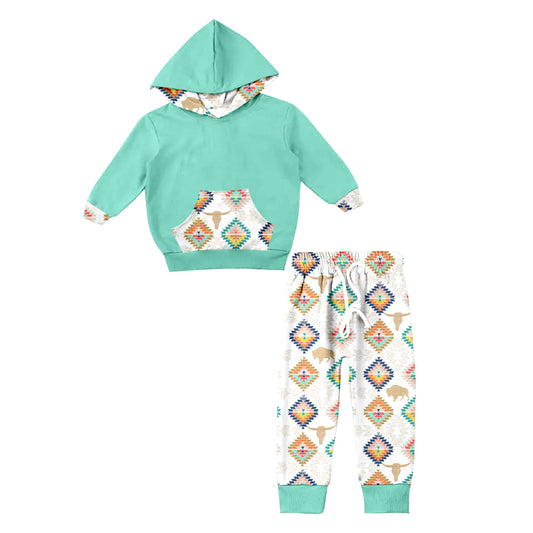 Baby Boys Western Hooded Shirts Top Cow Aztec Pants Clothes Sets preorder(moq 5)