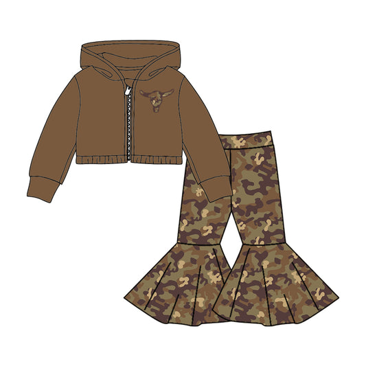 Baby Girls Brown Hooded Shirts Top Camo Western Bell Pants Clothes Sets preorder(moq 5)