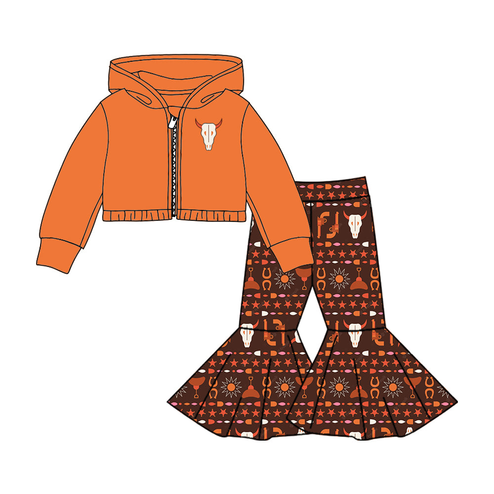 Baby Girls Orange Hooded Shirts Top Cow Western Bell Pants Clothes Sets preorder(moq 5)