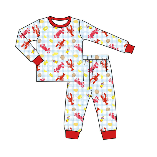 Baby Boys Blue Plaid Crawfish Shirts Pants Pajamas Clothes Sets preorder(moq 5)