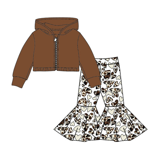 Baby Girls Brown Hooded Shirts Top Cow Hearts Bell Pants Clothes Sets preorder(moq 5)