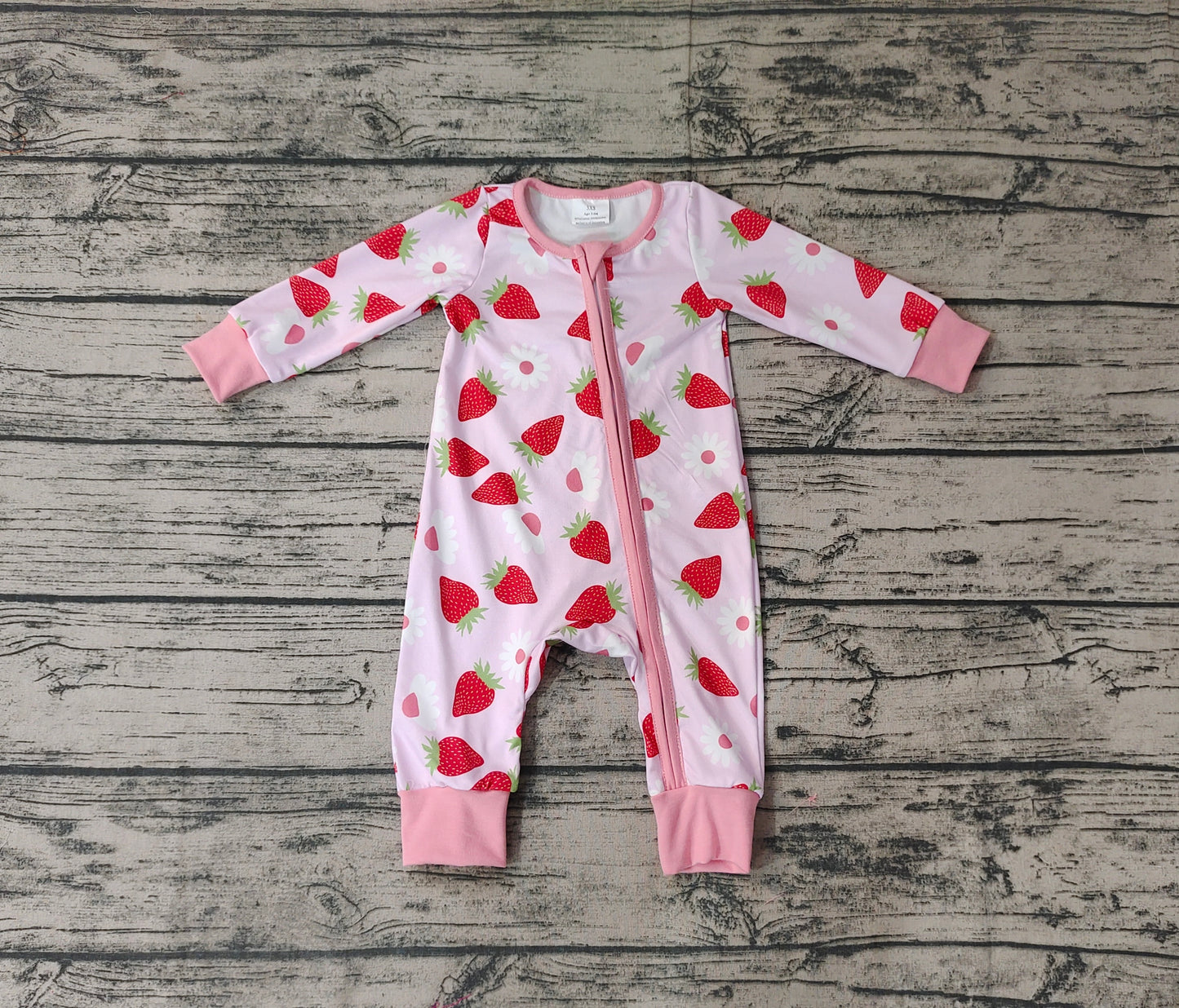 Baby Infant Girls Pink Strawberry Long Sleeve Zip Rompers