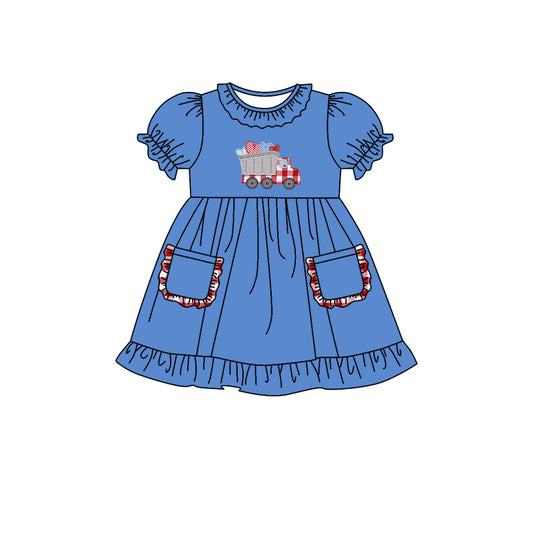 Baby Girls Short Sleeve Valentines Hearts Tractors Pockets Knee Length Dresses preorder(moq 5)