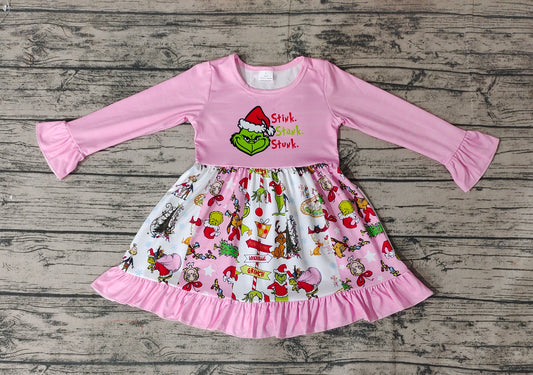 Baby Girls Pink Christmas Frog Ruffle Knee Length Dresses