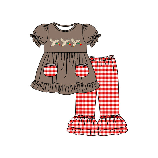 Baby Girls Christmas Duck Pocket Top Red Plaid Pants Clothes Sets preorder(moq 5)