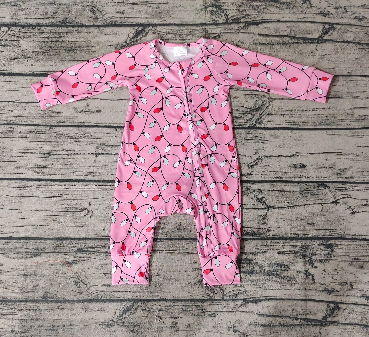 Baby Infant Girls Pink Christmas Lights Long Sleeve Zip Rompers