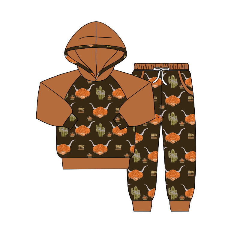 Baby Boys Western Highland Cow Hooded Top Pants Clothing Sets preorder(moq 5)