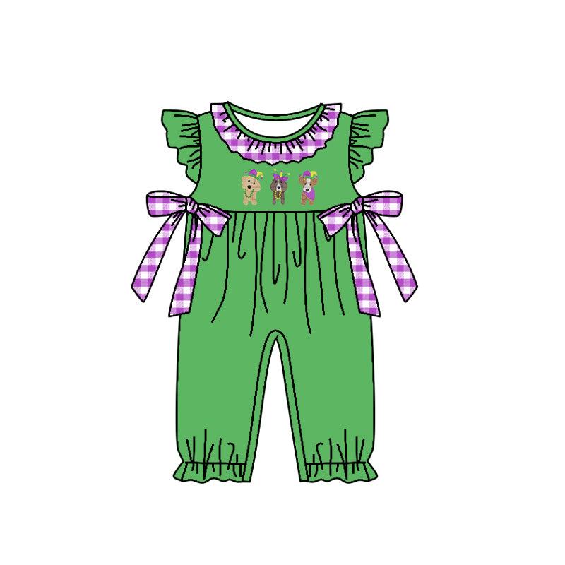 Baby Girls Mardi Gras Dogs Green Short Sleeve Rompers preorder(moq 5)