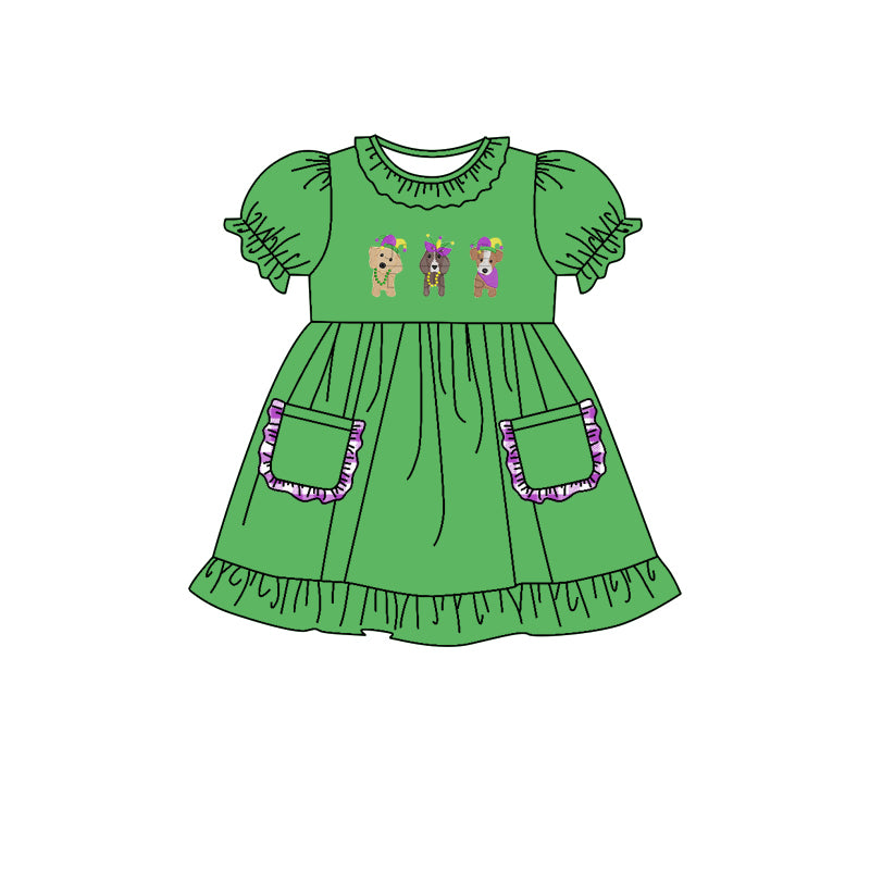 Baby Girls Short Sleeve Mardi Gras Dogs Pockets Knee Length Dresses preorder(moq 5)