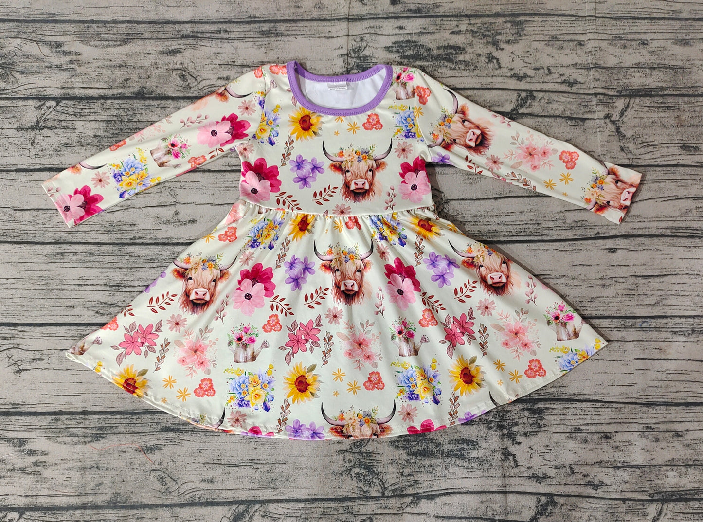 Baby Girls Long Sleeve Highland Cow Purple Flowers Western Knee Length Dresses