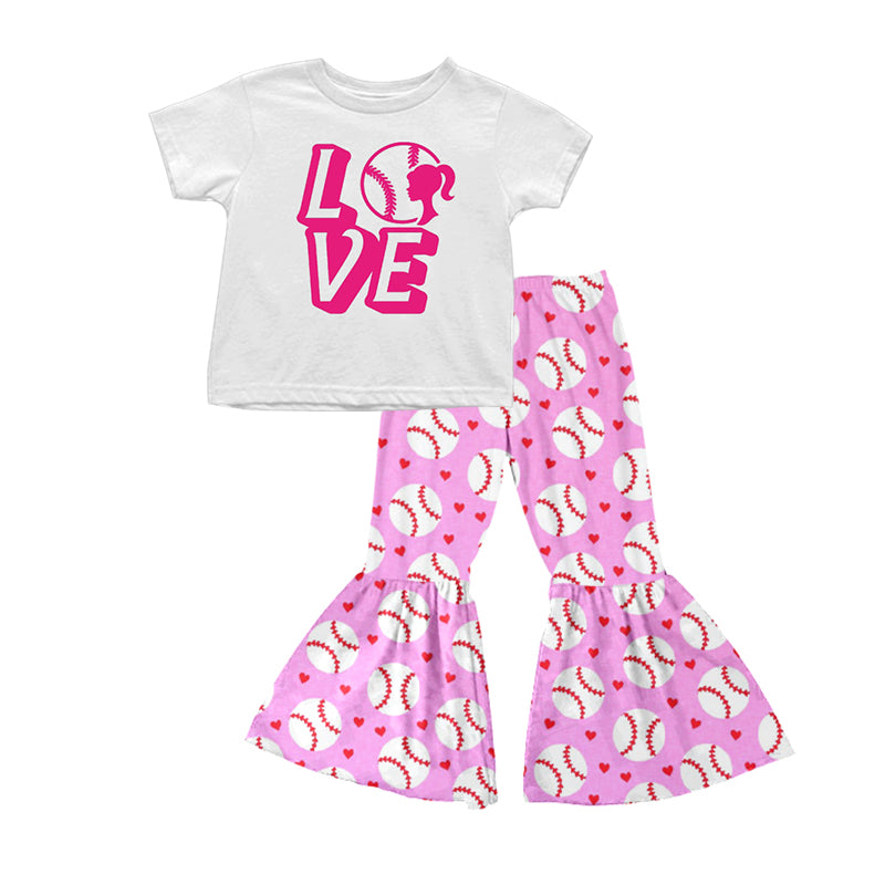 Baby Girls Love Baseball Shirts Pink Bell Bottom Pants Clothing Sets preorder(moq 5)