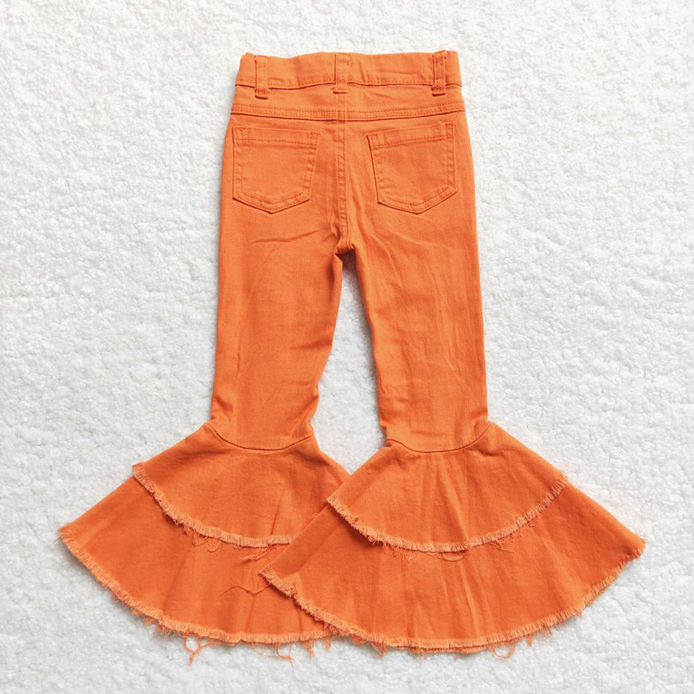 Baby Girls Orange Distressed Denim Double Ruffle Bell Pants