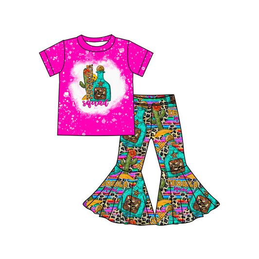 Preorder (moq 5)Baby Girls Western Pink Cactus Top Bell Bottom Pant Sets