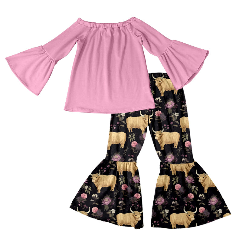 Baby Girls Pink Top Highland Cow Bell Pants Clothes Sets preorder(moq 5)