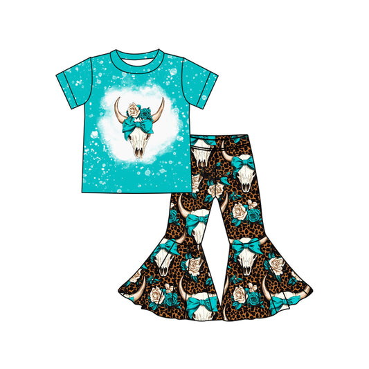 Preorder (moq 5)Baby Girls Western Cow Skull Bow Top Bell Bottom Pant Sets