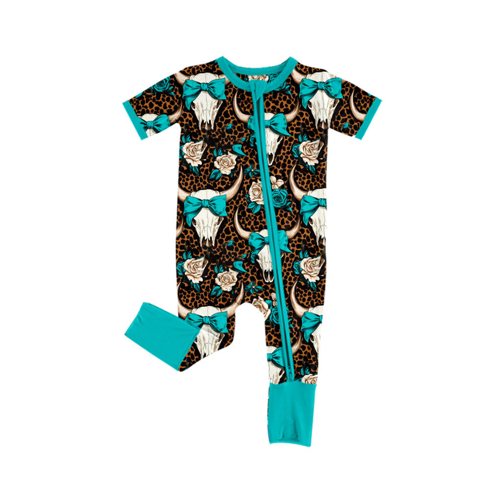 Preorder (moq 5)Baby Girls Western Cow Skull Bow Zipper Rompers