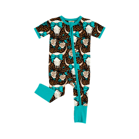 Preorder (moq 5)Baby Girls Western Cow Skull Bow Zipper Rompers