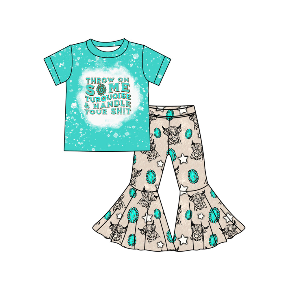 Preorder (moq 5)Baby Girls Western Throw On Turquoise Top Bell Bottom Pant Sets