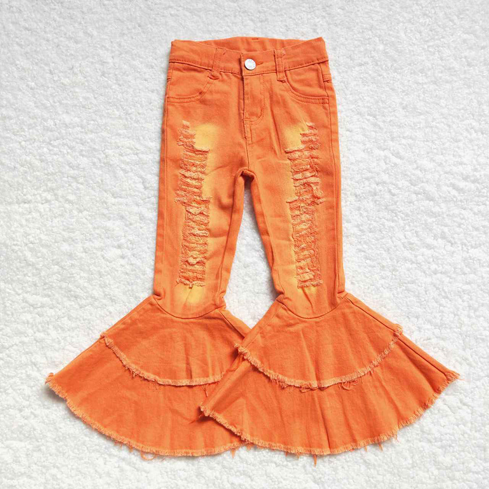 Baby Girls Orange Distressed Denim Double Ruffle Bell Pants