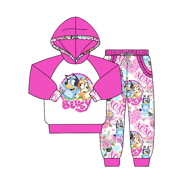 Baby Girls Pink Dog Cartoon Boutique Hooded Top Pants Clothes Sets preorder(moq 5)