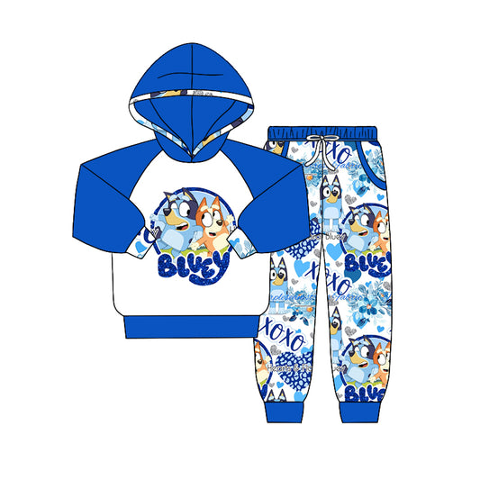 Baby Boys Blue Dog Cartoon Boutique Hooded Top Pants Clothes Sets preorder(moq 5)