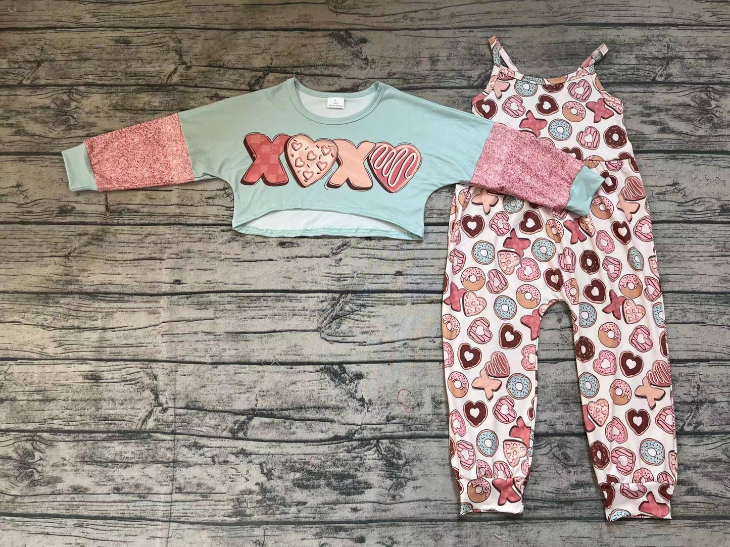 Baby Girls Valentines Donuts Top Jumpsuits 2pcs Clothes Sets