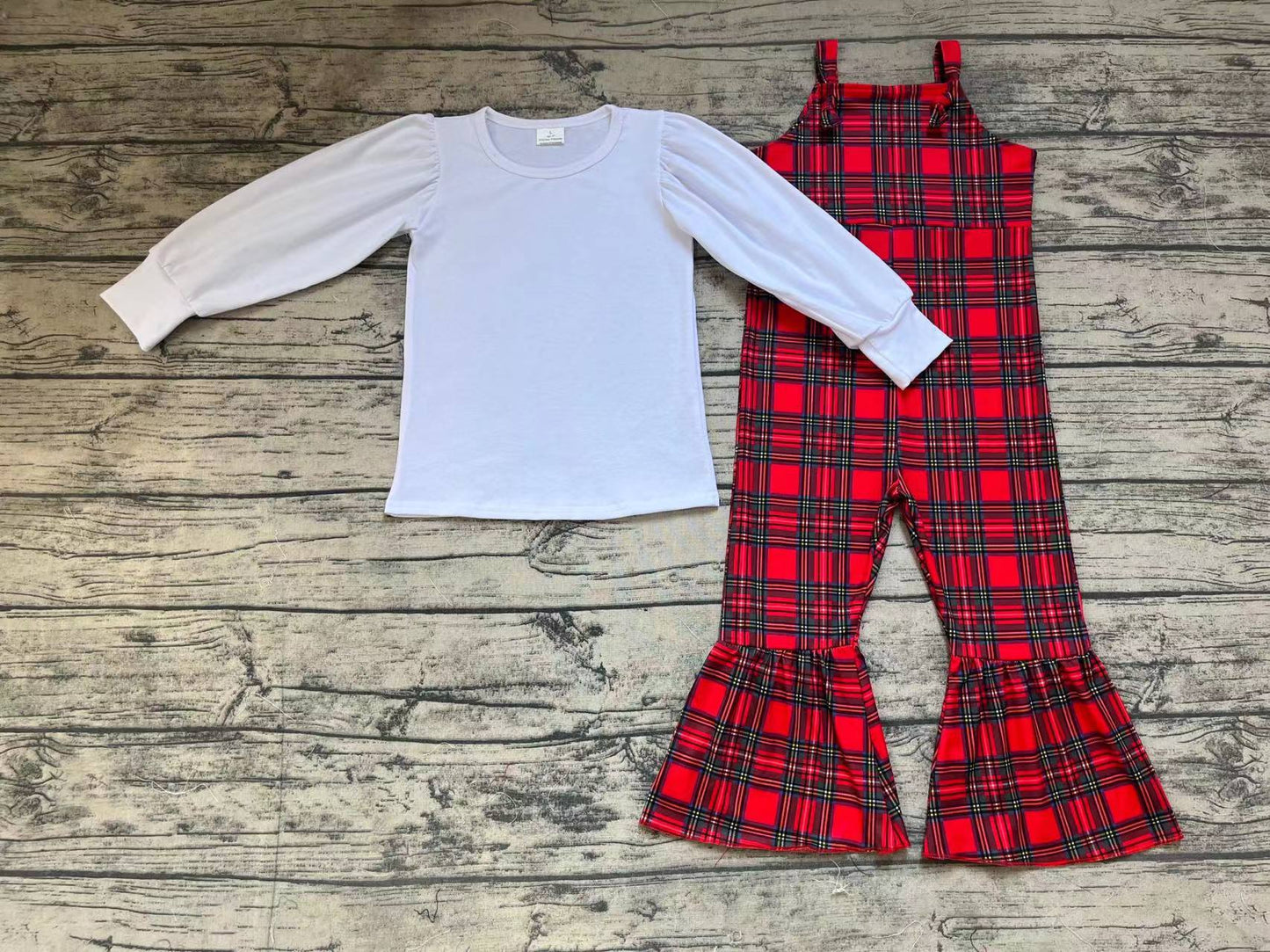 Baby Girls Christmas White Long Sleeve Tee Shirts Red Green Plaid Jumpsuits Clothes Sets