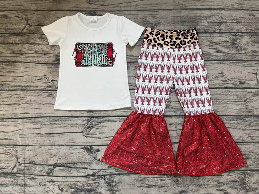 Baby Girls Crawfish Short Sleeve Shirt Red Bell Pants Clothes Sets