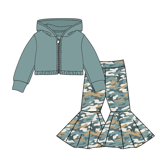 Baby Girls Green Hooded Top Camo Bell Pants Clothes Sets preorder(moq 5)