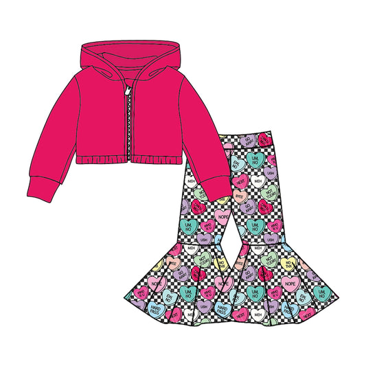 Baby Girls Valentines Colorful Hearts Hooded Top Bell Pants Clothes Sets preorder(moq 5)