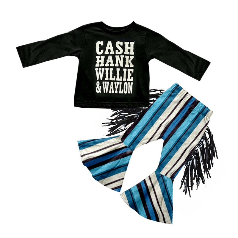 Baby Girls Western Black Top Stripes Tassel Flare Pants Boutique Clothes Sets preorder(moq 5)