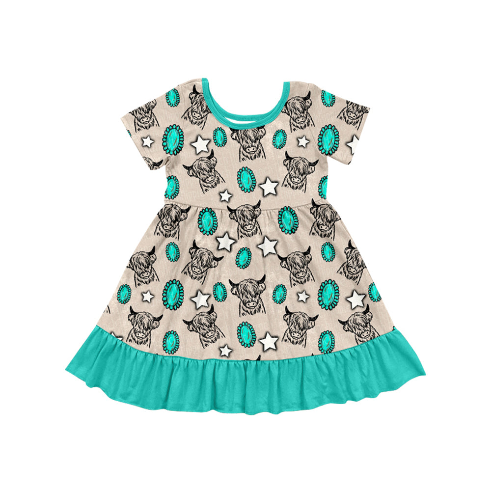 Preorder (moq 5)Baby Girls Western Turquoise Cow Knee Length Dresses