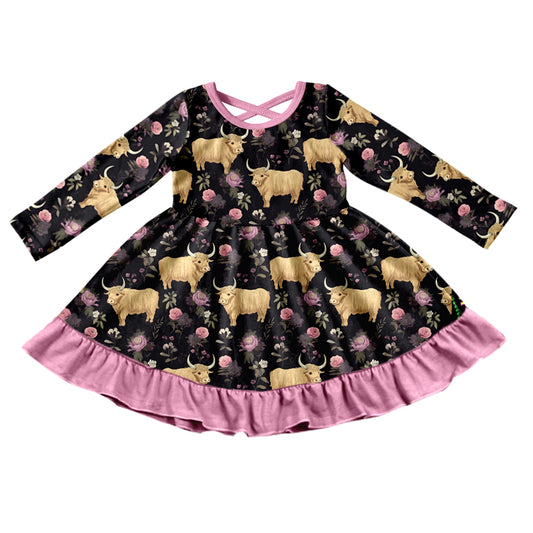 Baby Girls Highland Cow Ruffle Knee Length Dresses preorder(moq 5)