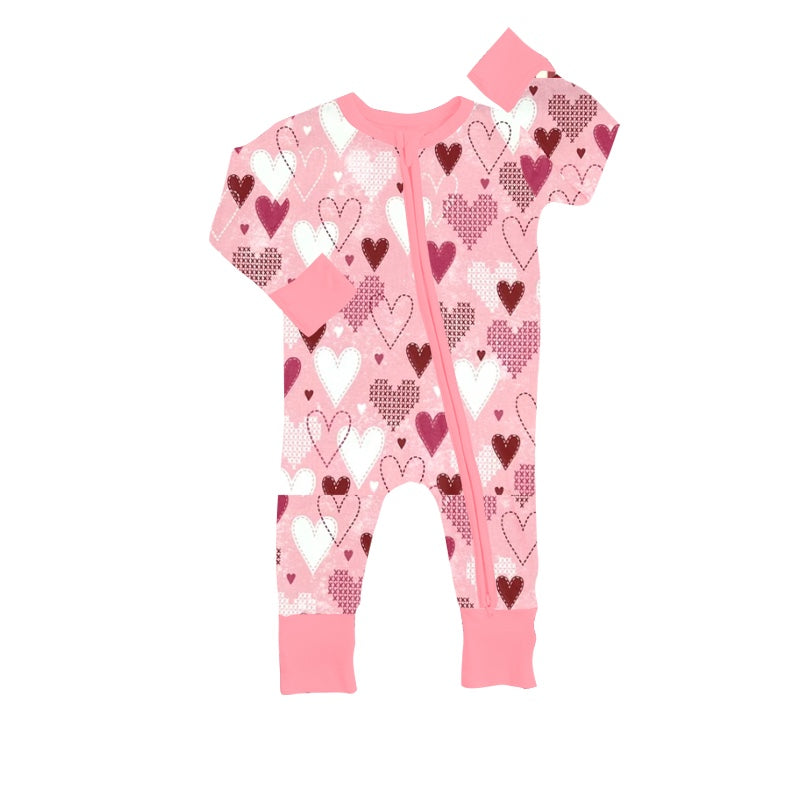 Baby Infant Valentines Pink Hearts Long Sleeve Rompers preorder(moq 5)