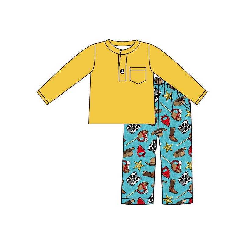 Baby Boys Yellow Pocket Top Western Cow Pants Clothes Sets preorder(moq 5)