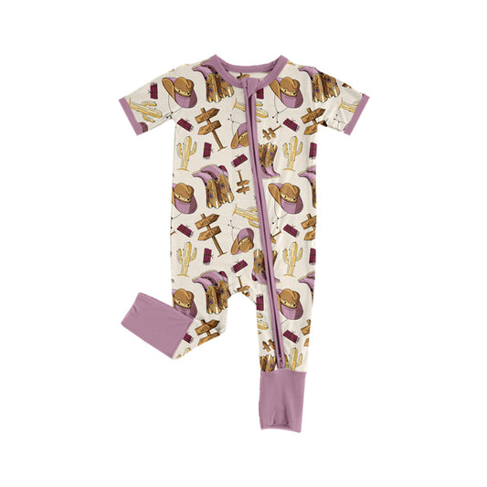 Preorder (moq 5)Baby Girls Western Western Purple Boots Zipper Rompers