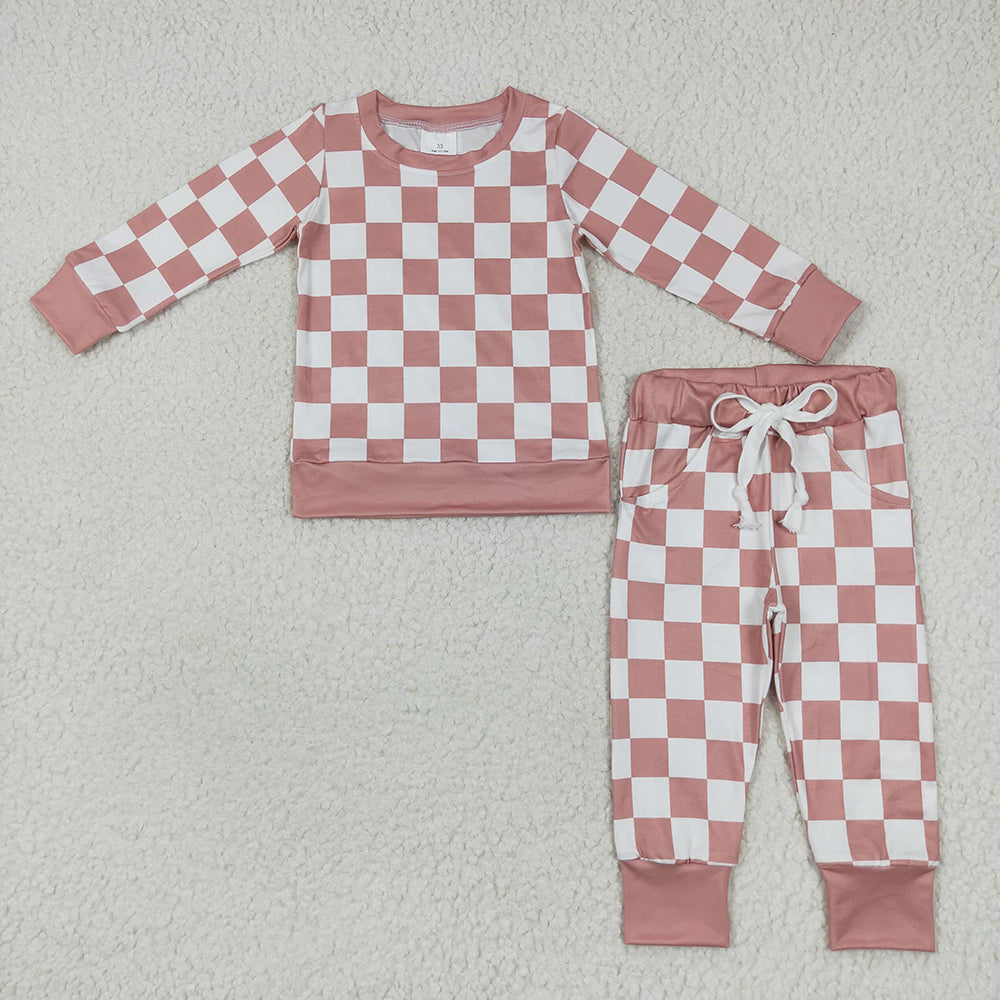 Checkered Baby Kids Light Brown Color Shirt Pants Pajamas Clothes Sets