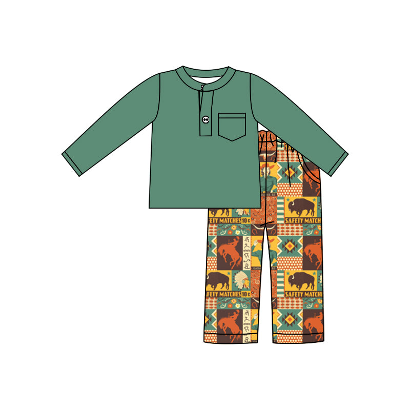 Baby Boys Green Pocket Top Western Cow Pants Clothes Sets preorder(moq 5)