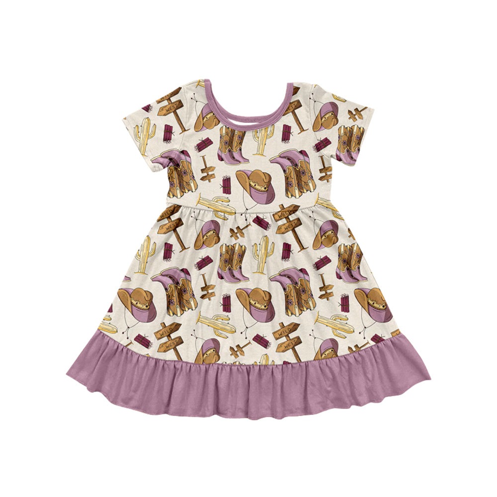 Preorder (moq 5)Baby Girls Western Purple Boots Knee Length Dresses
