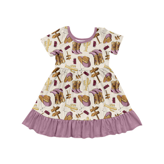 Preorder (moq 5)Baby Girls Western Purple Boots Knee Length Dresses