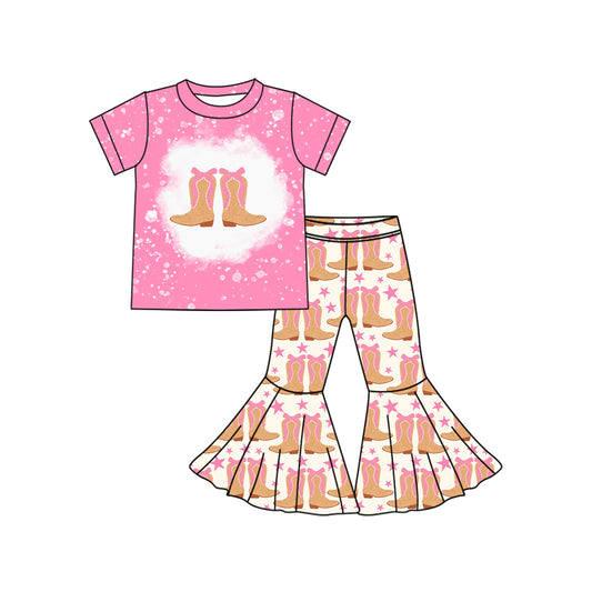 Preorder (moq 5)Baby Girls Western Pink Boots Stars Top Bell Bottom Pant Sets