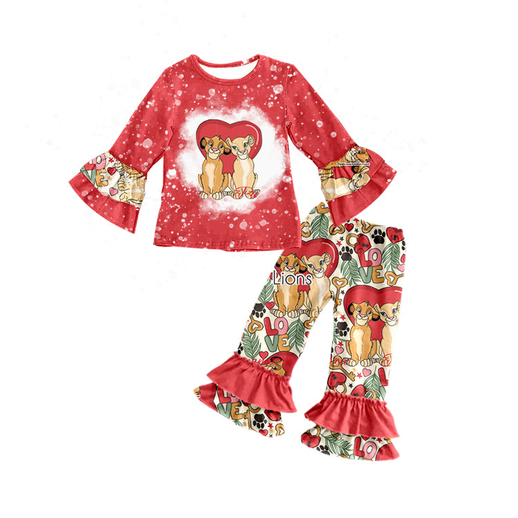 Baby Girls Red Valentines Lions Ruffle Top Pants Clothes Sets preorder(moq 5