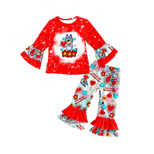 Baby Girls Red Valentines Dogs Ruffle Top Pants Clothes Sets preorder(moq 5)